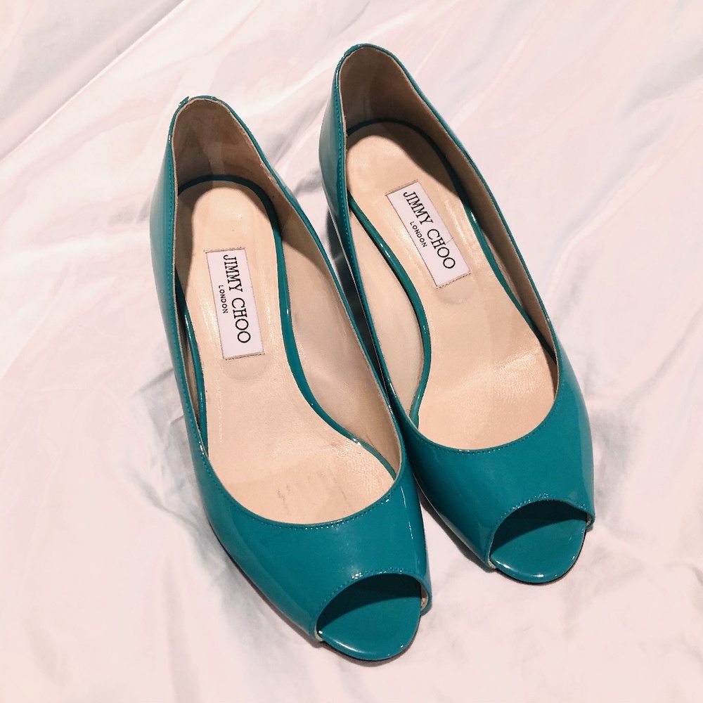 JIMMY CHOO TURQUOISE Baxen Peeptoe Patent Wedges - Picture 1 of 5